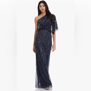 Adrianna Papell - Long Sequins Beaded One-Shoulder Gown - Dusty Navy. Size: 18W